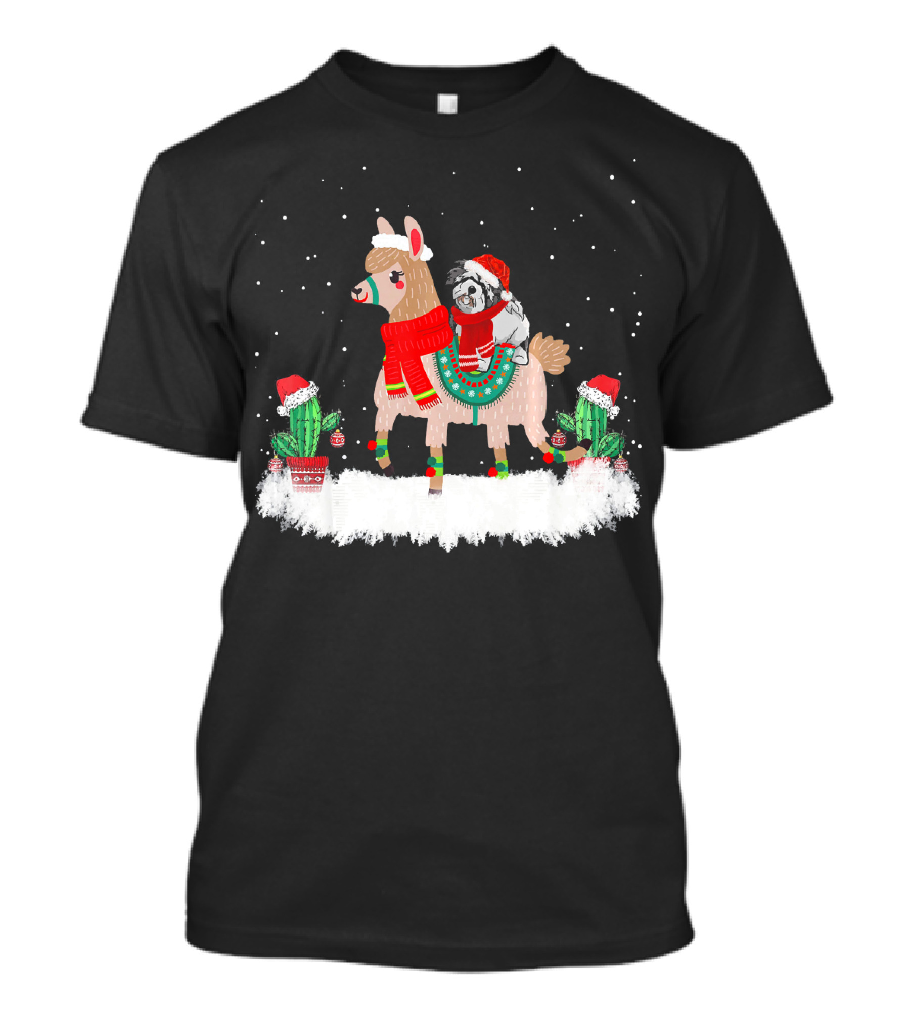 Lhasa Apso In Christmas Attire Riding Festive Llama With Snowy Cacti T-Shirt