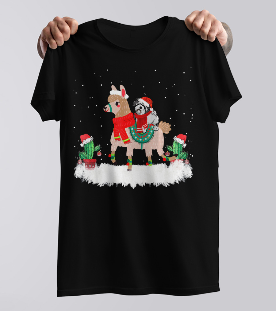 Lhasa Apso In Christmas Attire Riding Festive Llama With Snowy Cacti T-Shirt