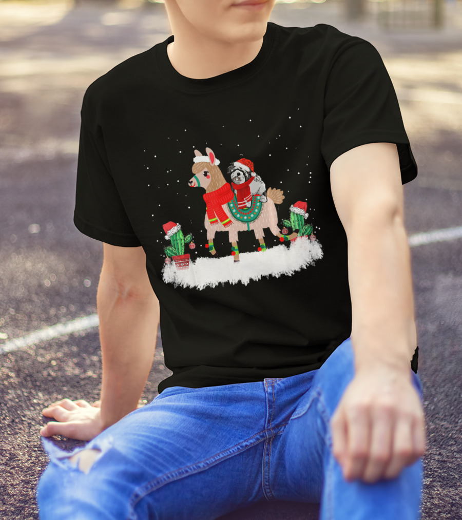 Lhasa Apso In Christmas Attire Riding Festive Llama With Snowy Cacti T-Shirt