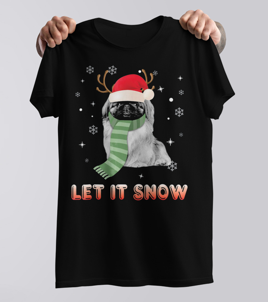 Let It Snow Pekingese Santa Hat Reindeer Antlers Scarf Snowflakes T-Shirt