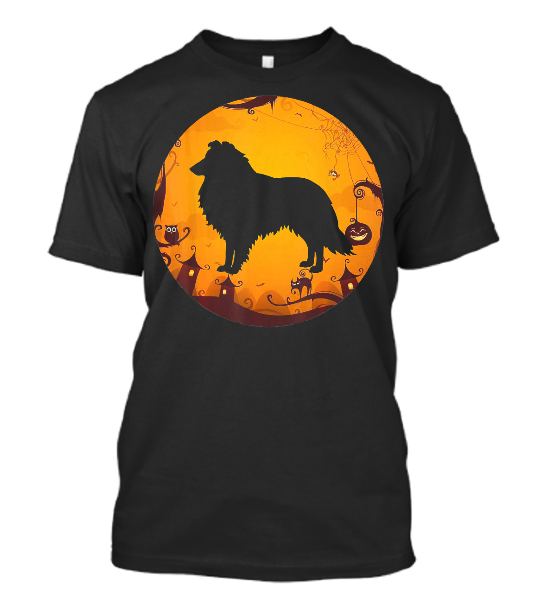 Funny Halloween Costume Sheltie Dog Silhouette With Pumpkins And Spooky Night Background T-Shirt