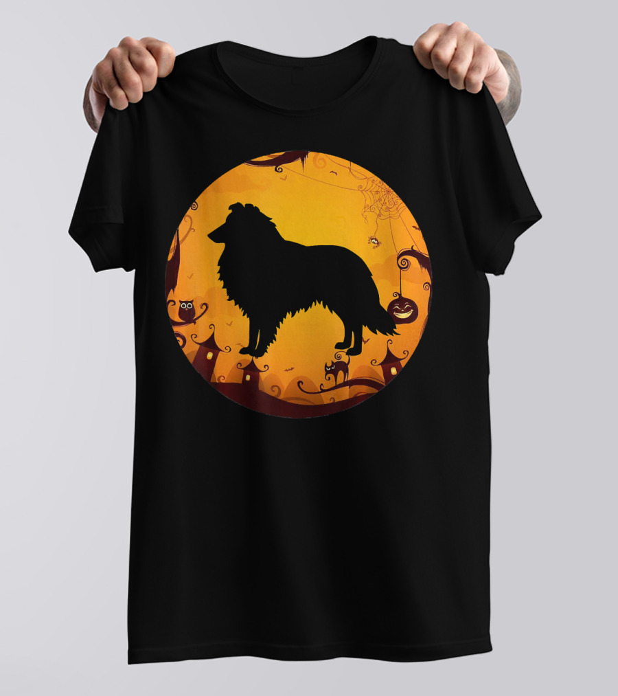 Funny Halloween Costume Sheltie Dog Silhouette With Pumpkins And Spooky Night Background T-Shirt