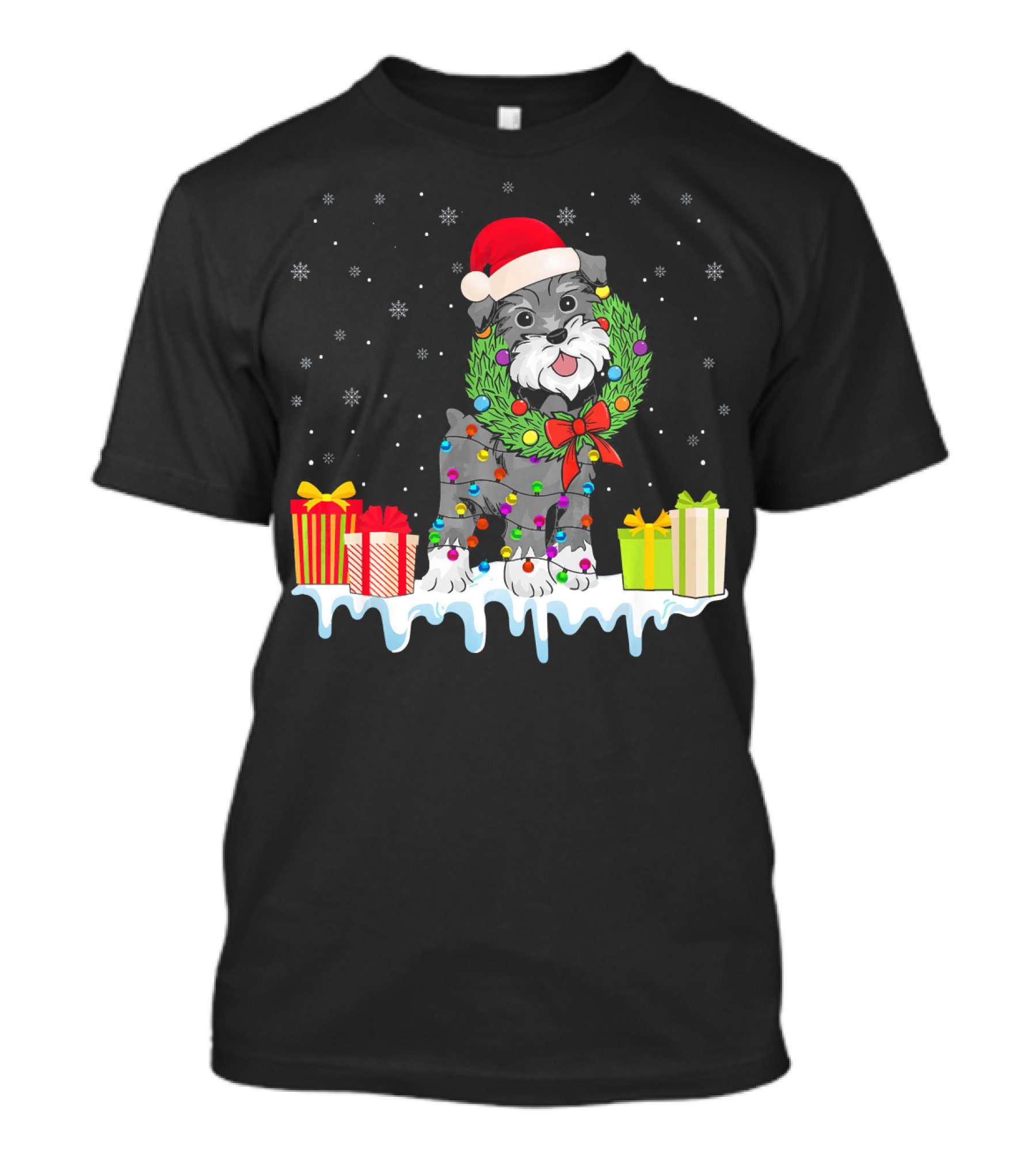 Cute Schnauzer Xmas Dog With Christmas Wreath And Presents T-Shirt