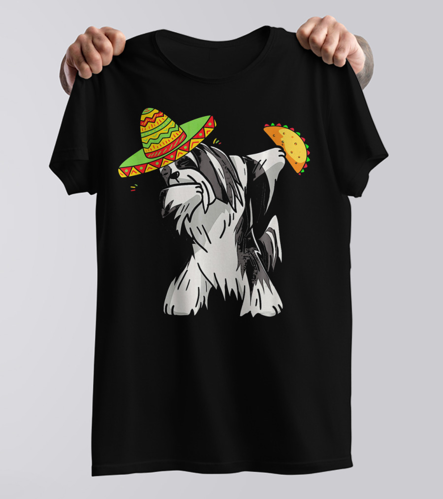 Funny Lhasa Apso Dog Dabbing Sombrero Taco Cinco De Mayo T-Shirt