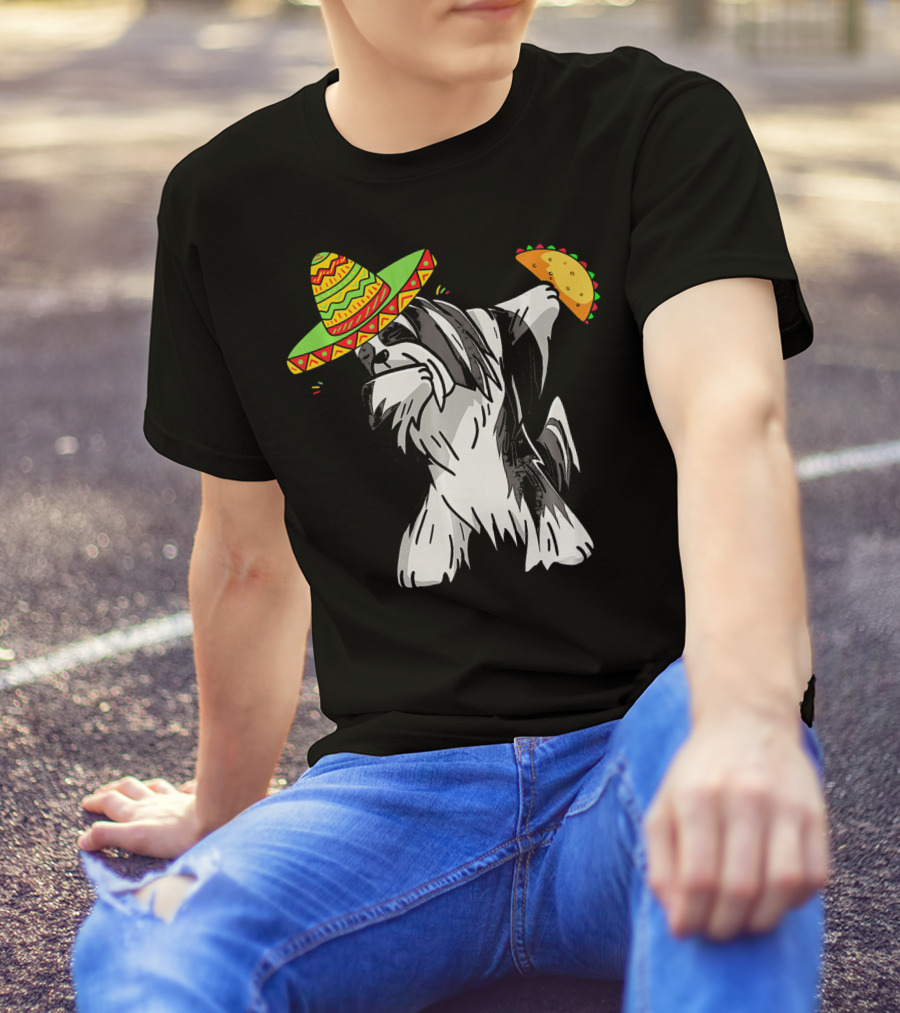Funny Lhasa Apso Dog Dabbing Sombrero Taco Cinco De Mayo T-Shirt