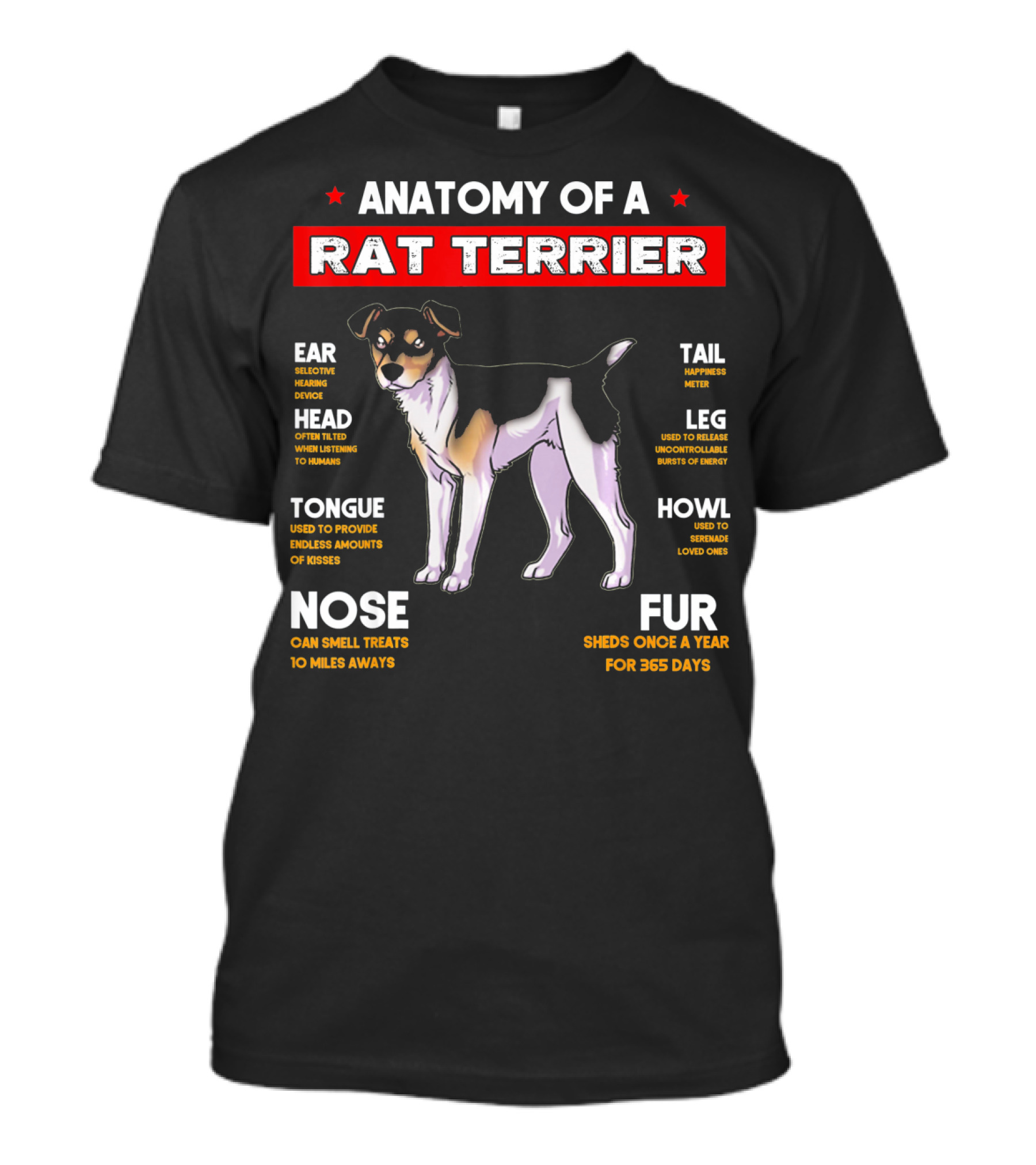 Anatomy Of A Rat Terrier Selective Hearing Happiness Meter Treats 10 Miles Away Sheds 365 Days T-Shirt