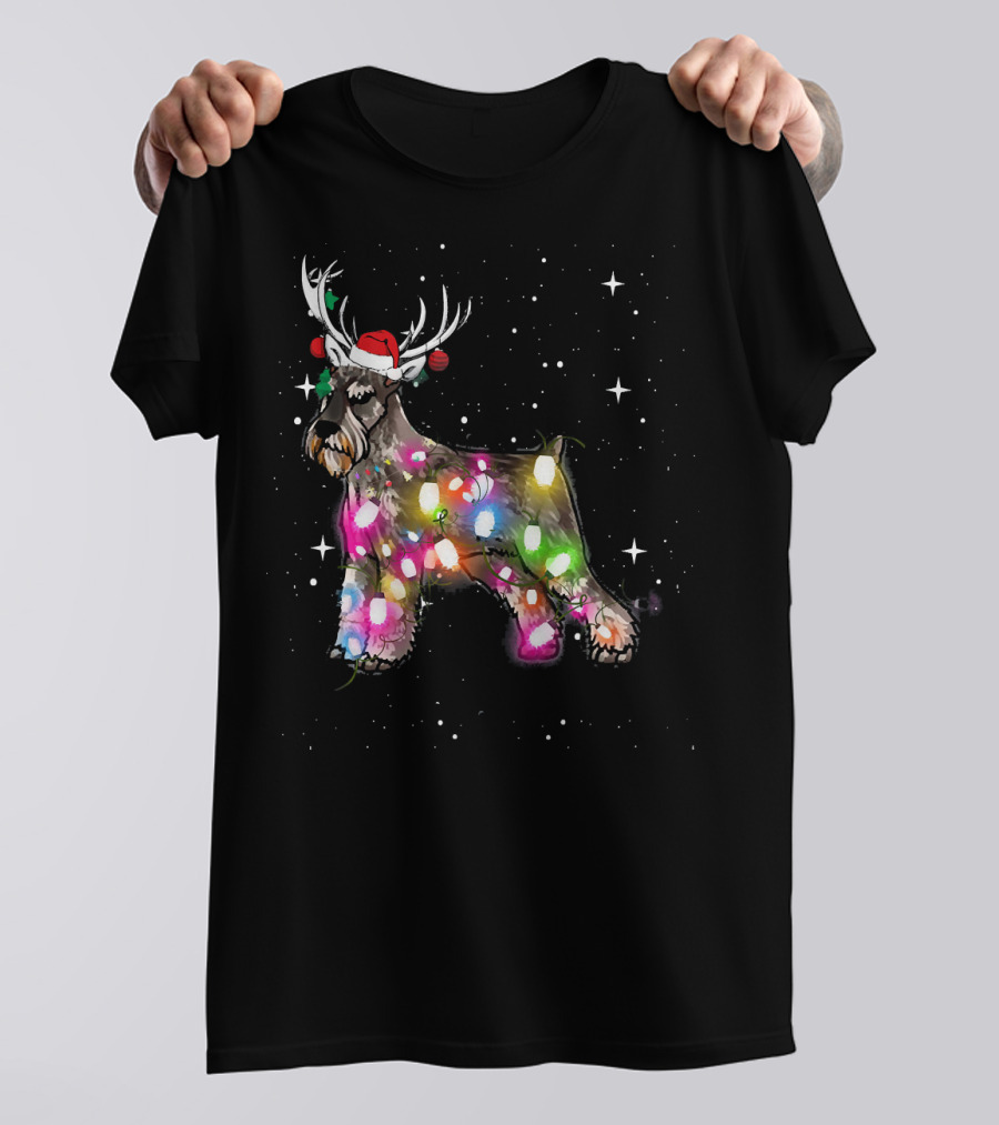 Christmas Lights Reindeer Antler Hat Standard Schnauzer Dog T-Shirt