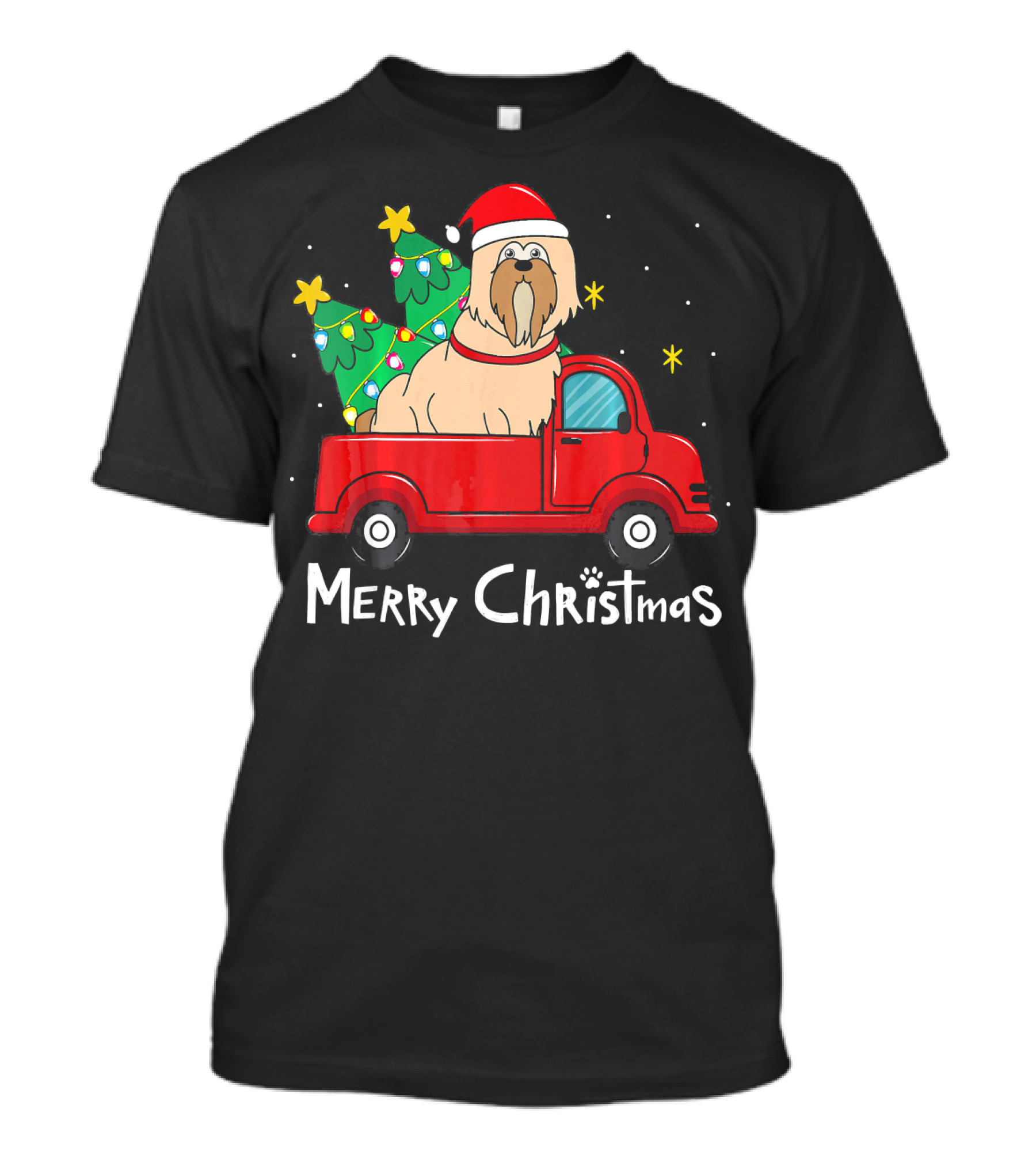 Merry Christmas Lhasa Apso Santa Red Truck With Tree T-Shirt