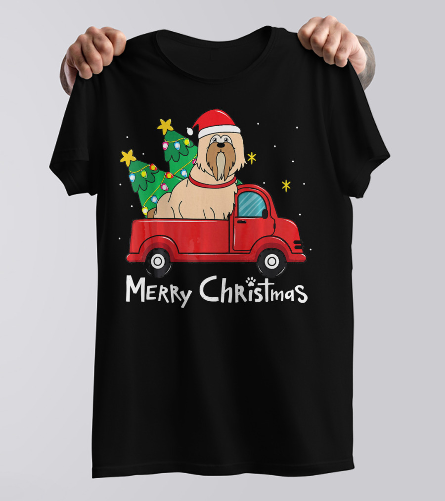 Merry Christmas Lhasa Apso Santa Red Truck With Tree T-Shirt