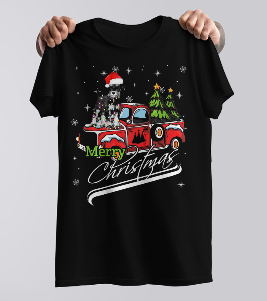Merry Christmas Cute Schnauzer On Red Truck With Santa Hat And Snowflakes T-Shirt