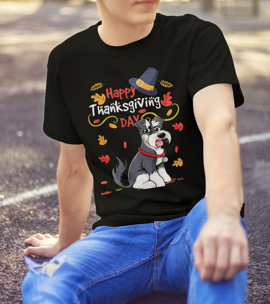 Happy Thanksgiving Day Cute Dog With Leaves And Hat T-Shirt