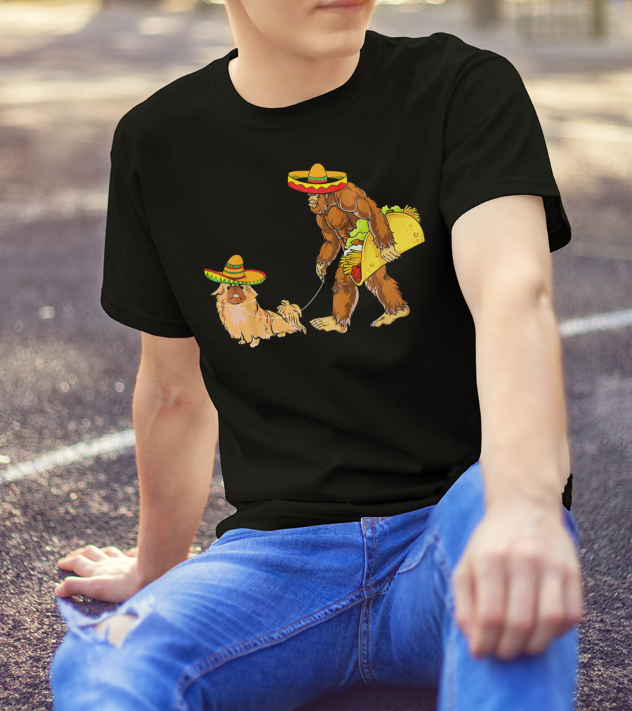 Cinco De Mayo Bigfoot Taco Costume With Pekingese In Sombrero T-Shirt