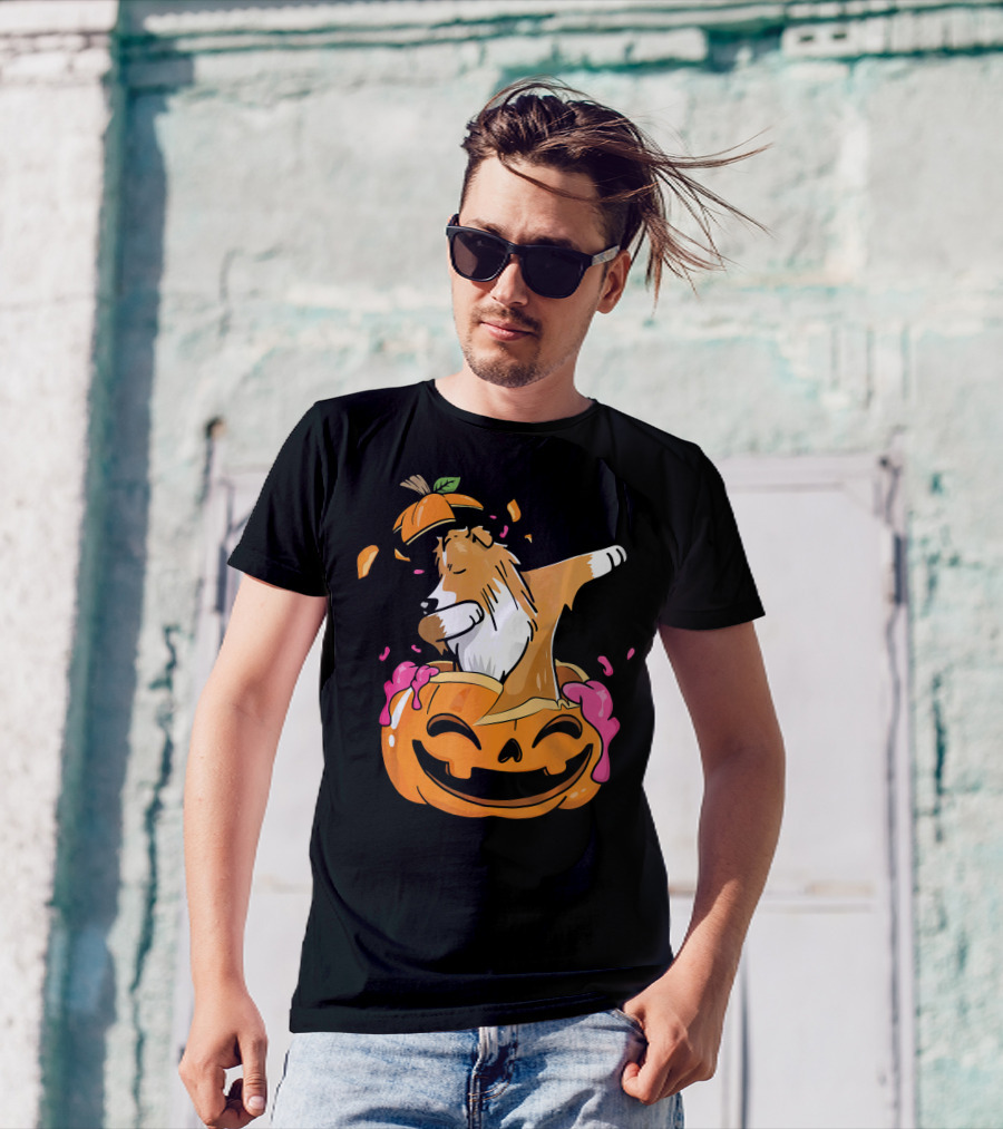 Pumpkin Sheltie Dog Dabbing Halloween T-Shirt