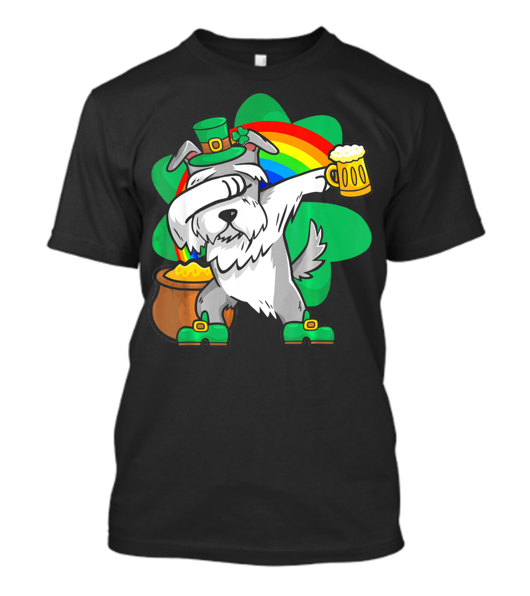Dabbing Schnauzer With Leprechaun Hat Rainbow Beer Mug Shamrock Pot Of Gold T-Shirt