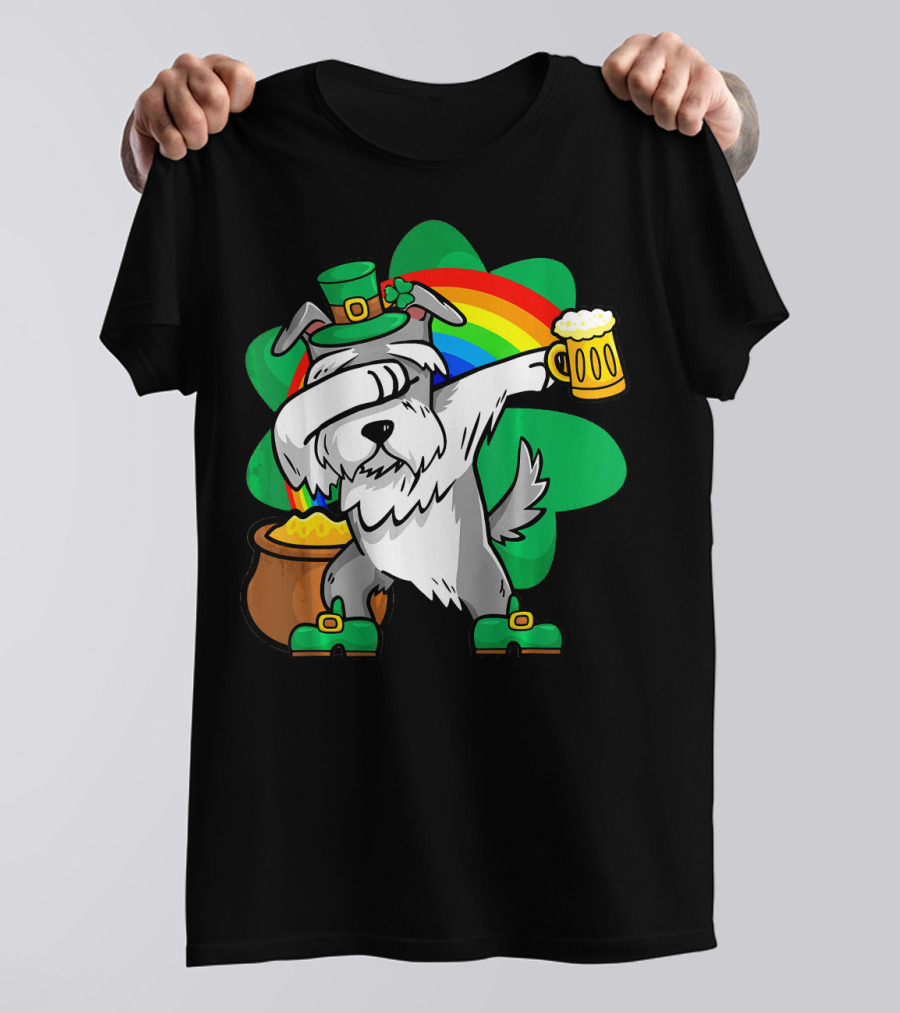 Dabbing Schnauzer With Leprechaun Hat Rainbow Beer Mug Shamrock Pot Of Gold T-Shirt