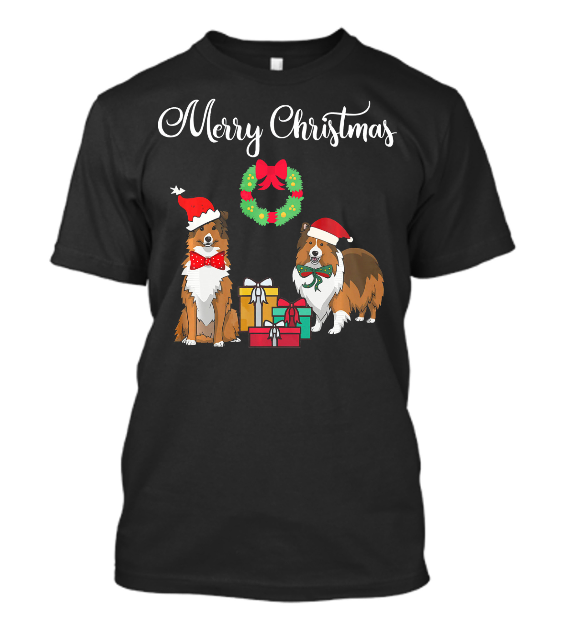 Merry Christmas Shelties With Gifts And Wreath T-Shirt