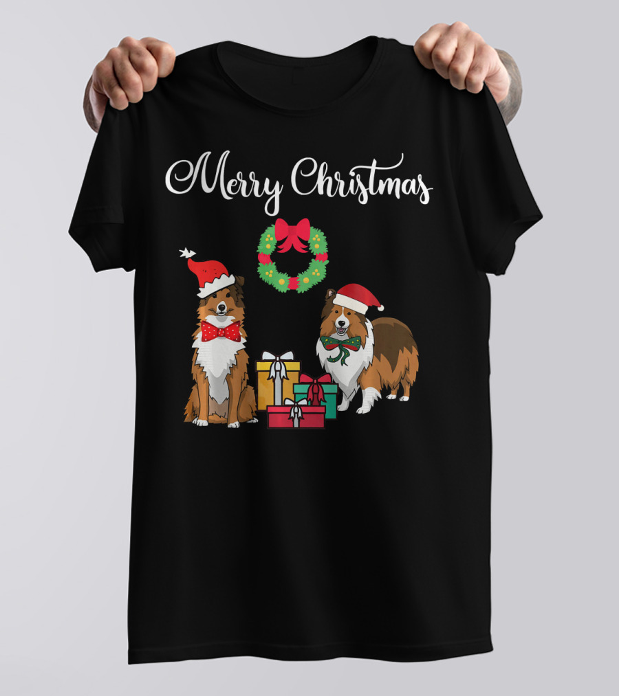 Merry Christmas Shelties With Gifts And Wreath T-Shirt