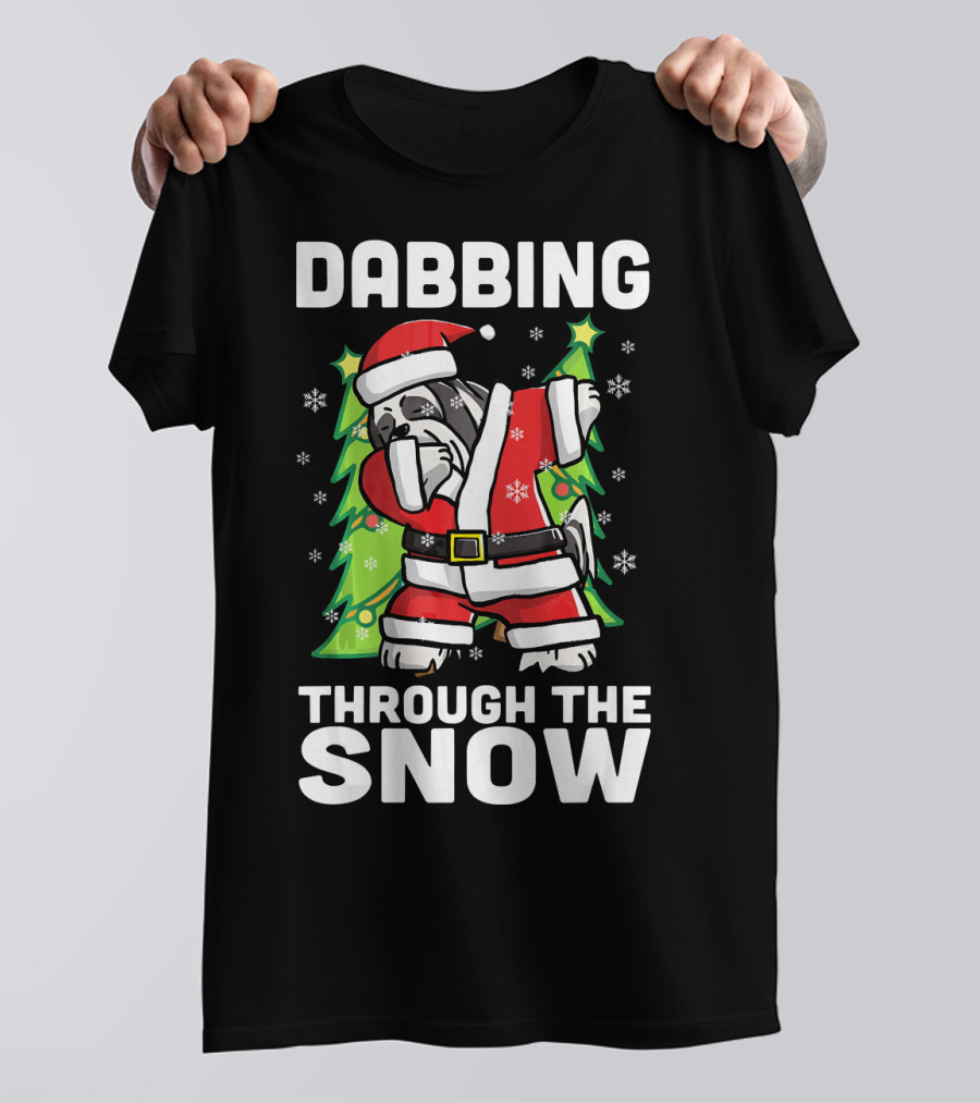 Dabbing Through The Snow Lhasa Apso In Santa Costume With Christmas Trees And Snowflakes T-Shirt