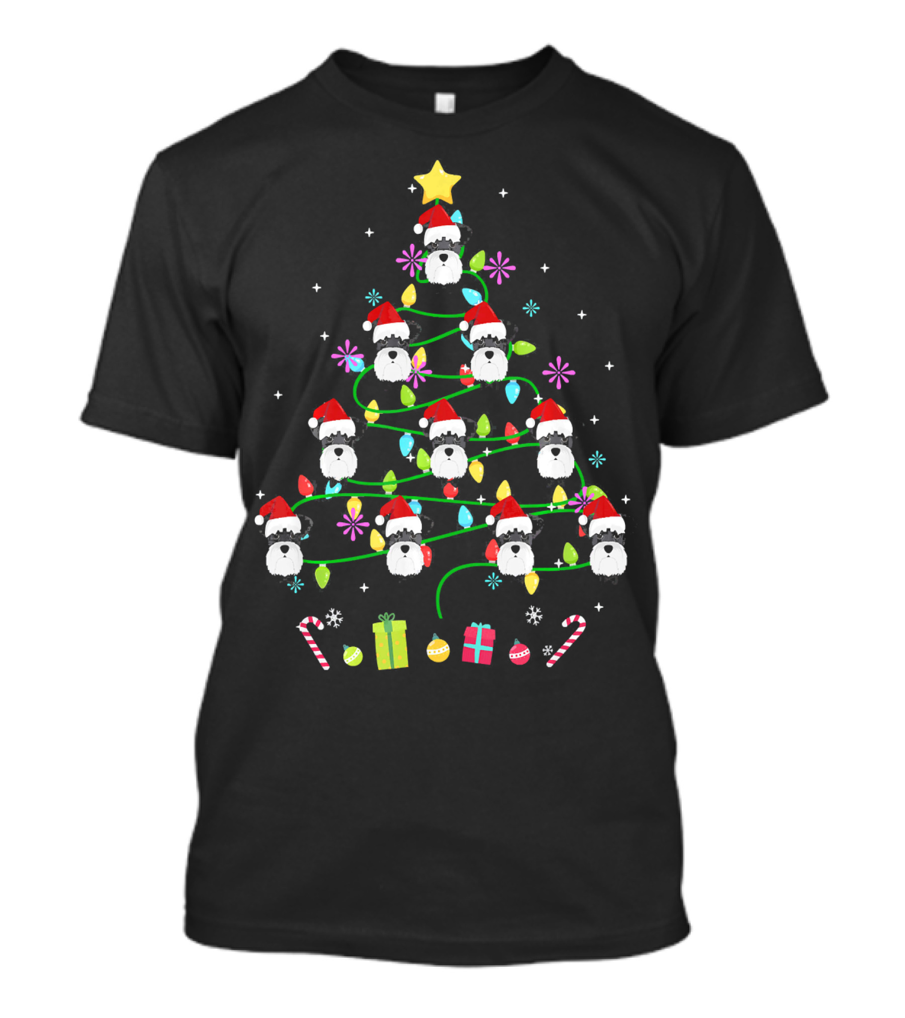 Funny Schnauzer Christmas Tree Santa Hats And Colorful Ornaments T-Shirt