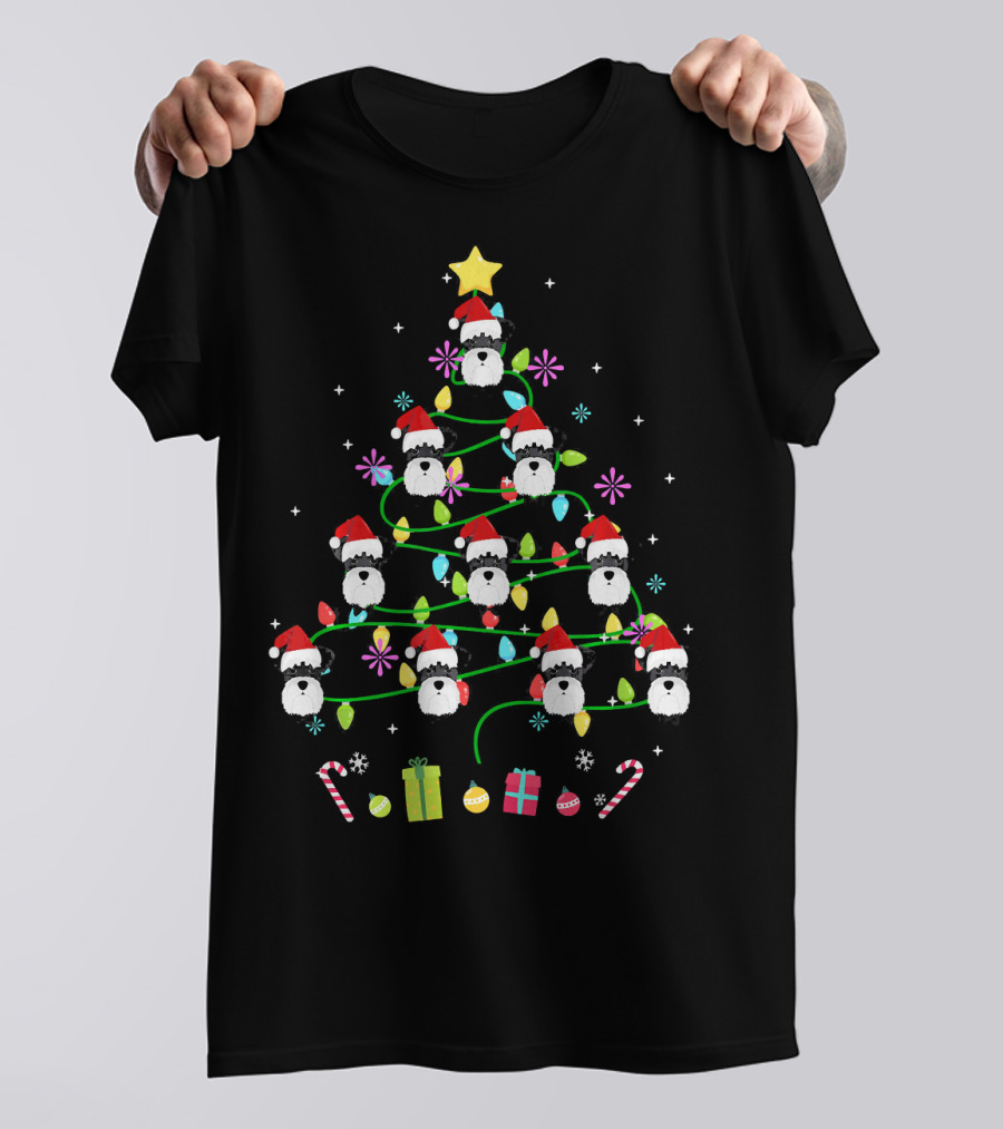 Funny Schnauzer Christmas Tree Santa Hats And Colorful Ornaments T-Shirt