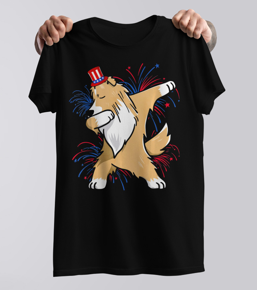 Dabbing Sheltie With Patriotic Hat And Fireworks For 4th Of July T-Shirt