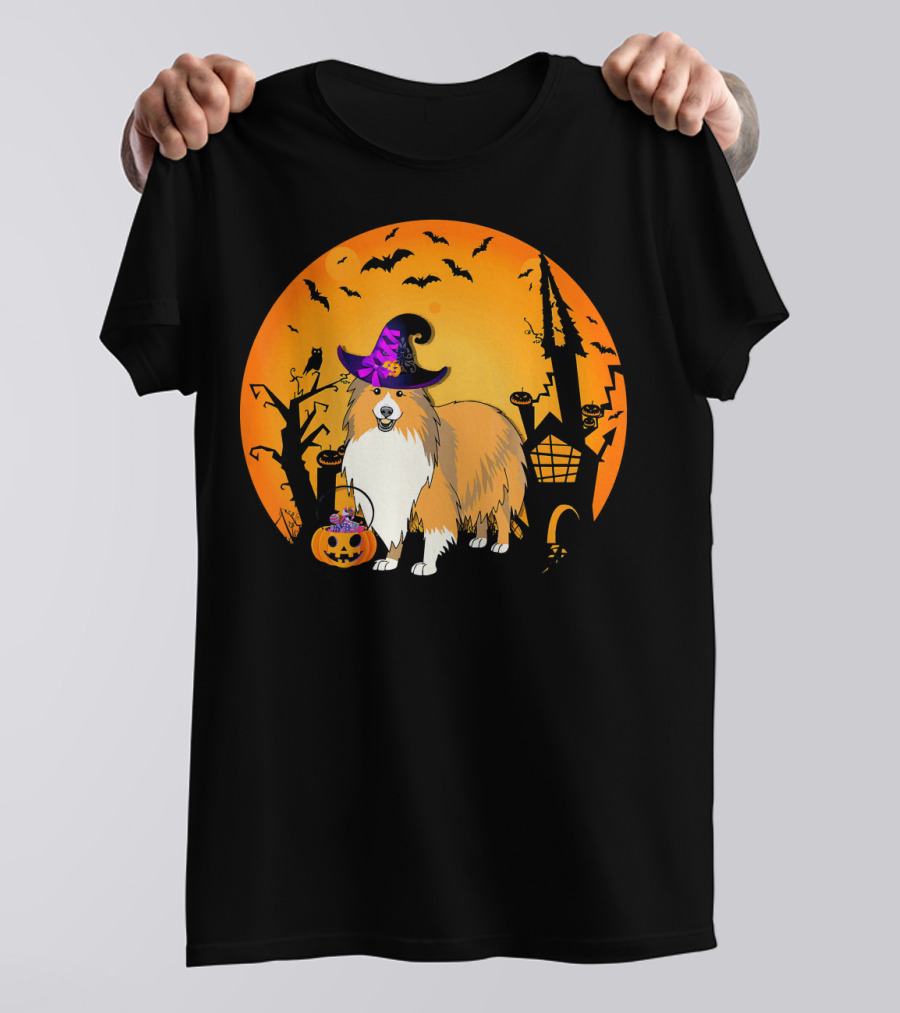 Halloween Sheltie Witch Hat Pumpkin Castle Shadows T-Shirt