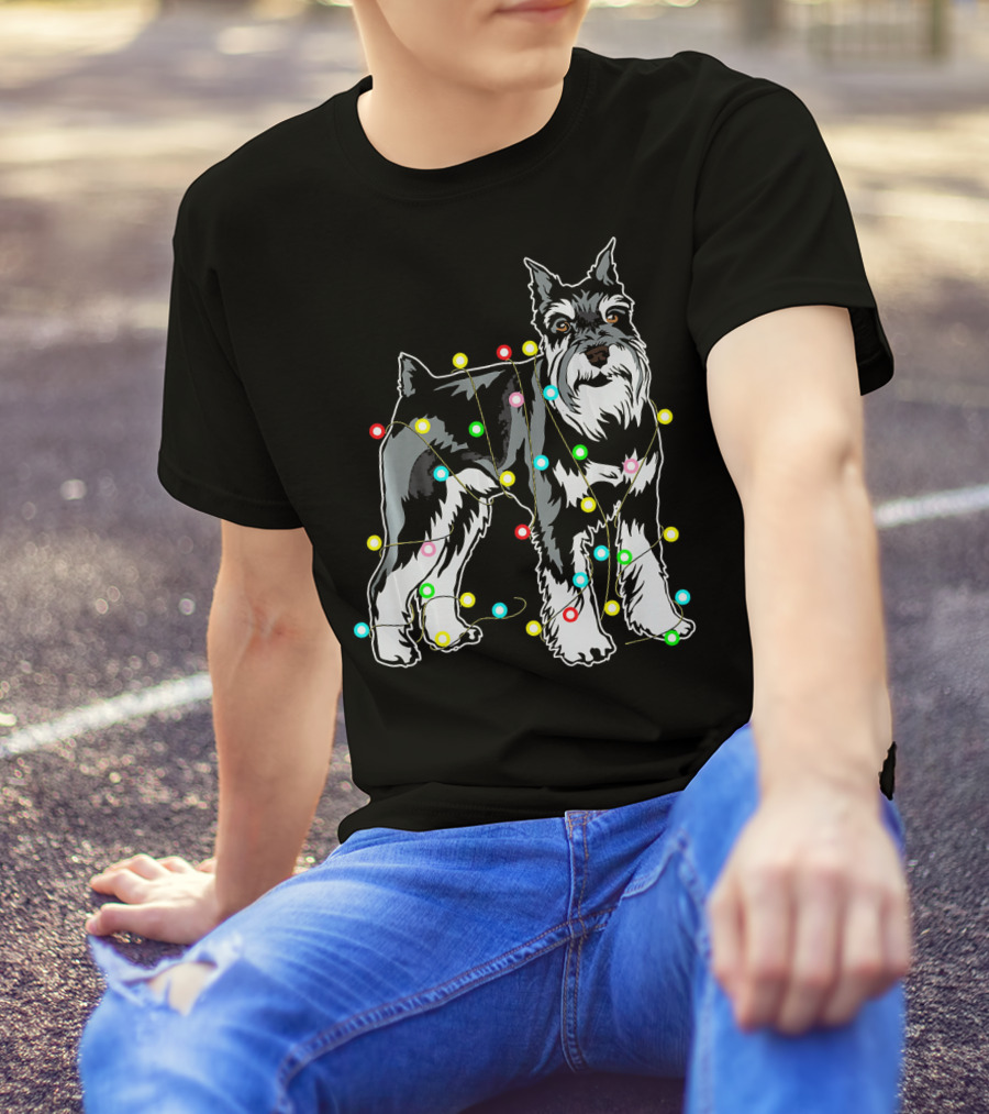 Schnauzer Entangled In Christmas Lights For Dog Lovers T-Shirt