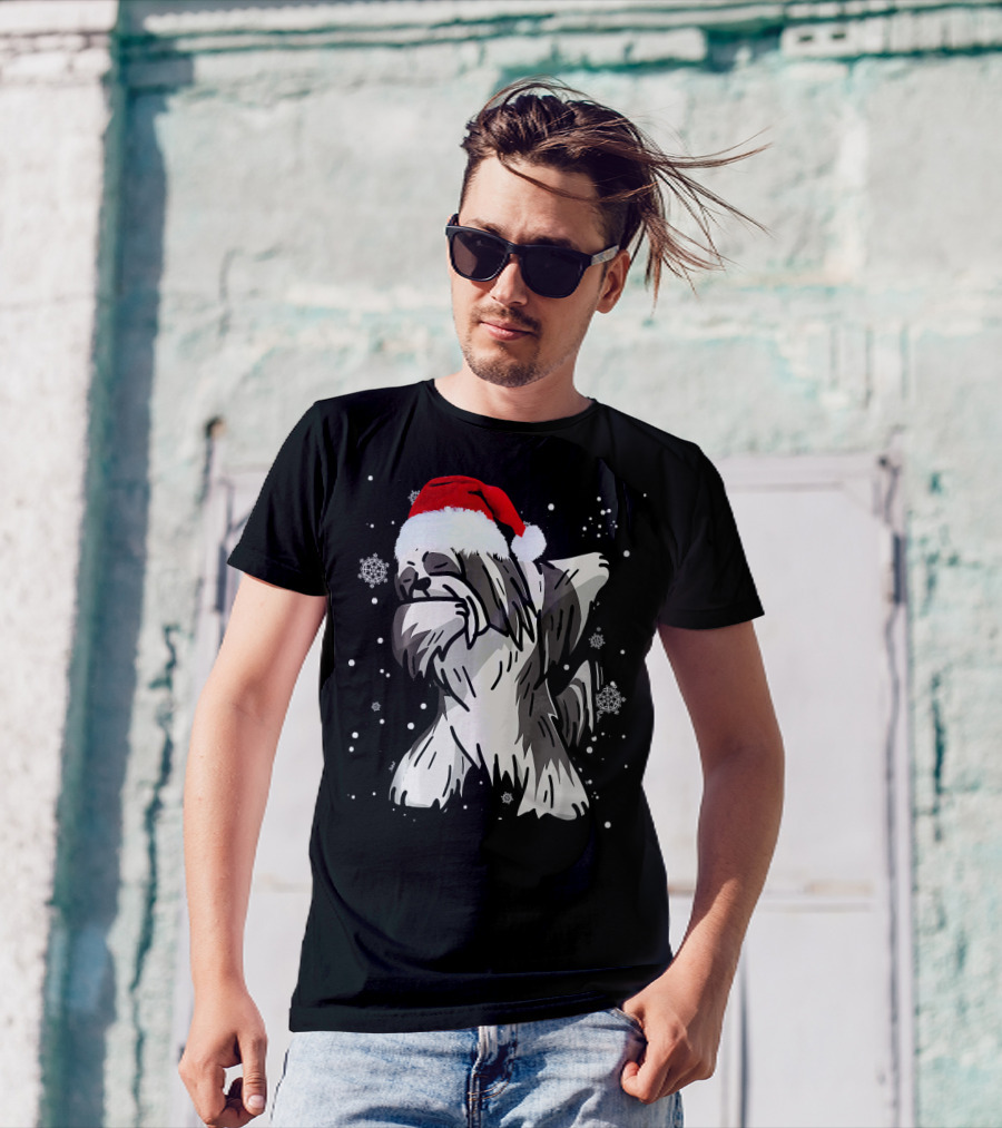 Lhasa Apso Dog Dabbing Santa Hat Christmas Snowflakes T-Shirt