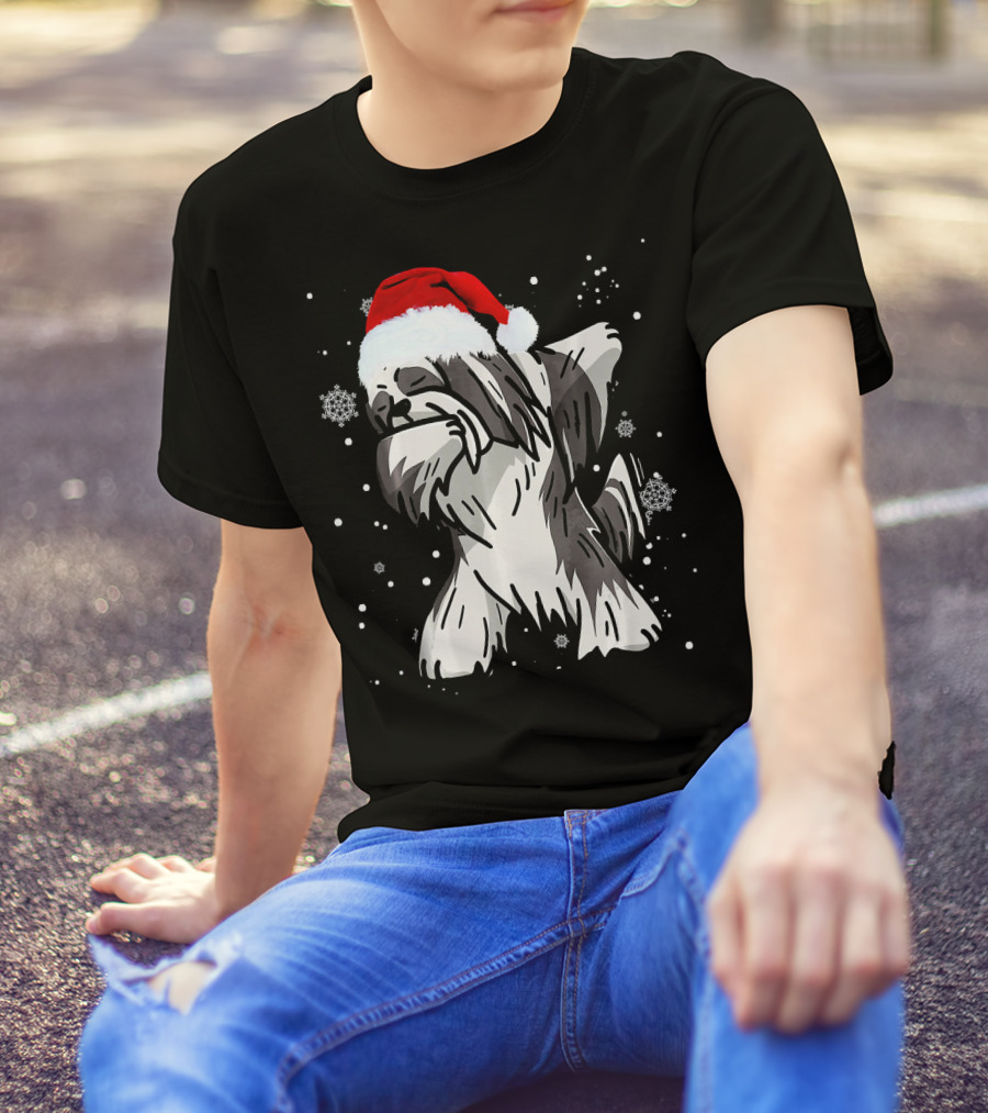 Lhasa Apso Dog Dabbing Santa Hat Christmas Snowflakes T-Shirt