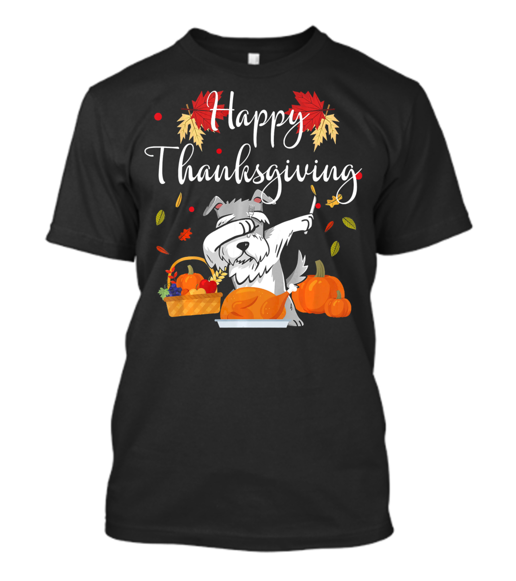 Happy Thanksgiving Dabbing Schnauzer Dog With Turkey And Autumn Harvest T-Shirt