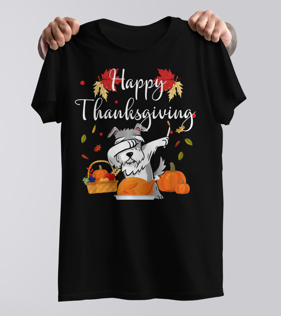 Happy Thanksgiving Dabbing Schnauzer Dog With Turkey And Autumn Harvest T-Shirt