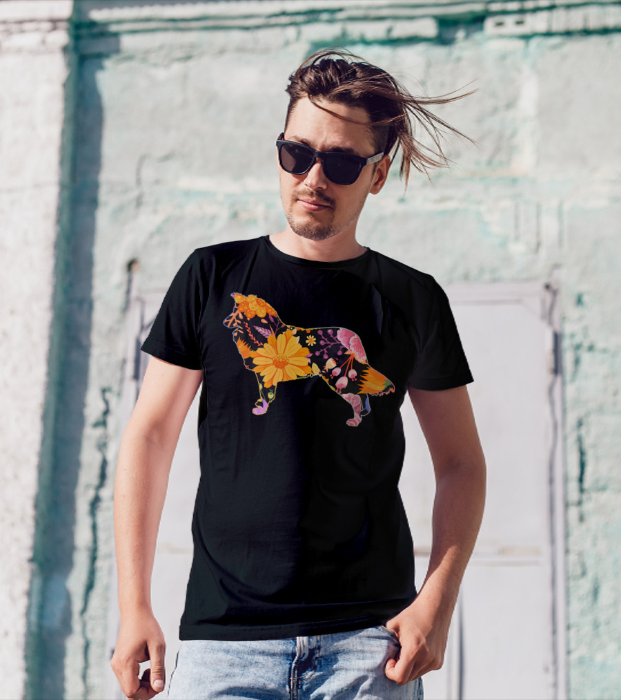 Floral Flower Vintage Retro Sheltie Silhouette Love T-Shirt