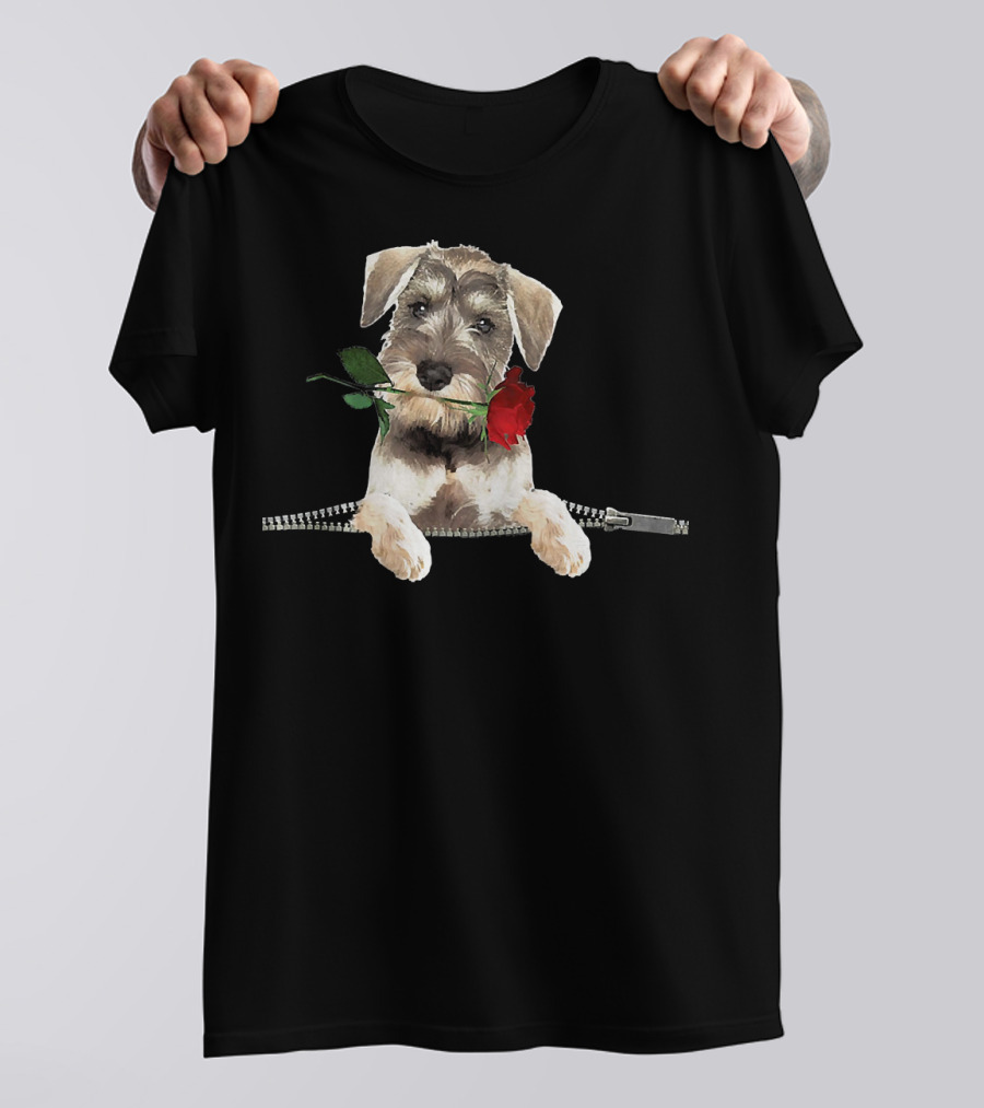 Schnauzer With Red Rose In Mouth Peeking Over Zipper Pocket T-Shirt