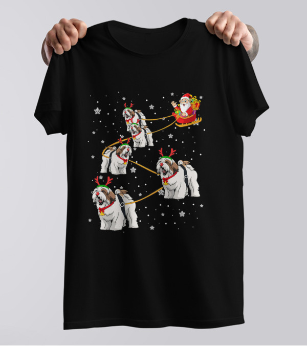 Lhasa Apso Lover Santa Sleigh With Dogs And Christmas Snowflakes T-Shirt
