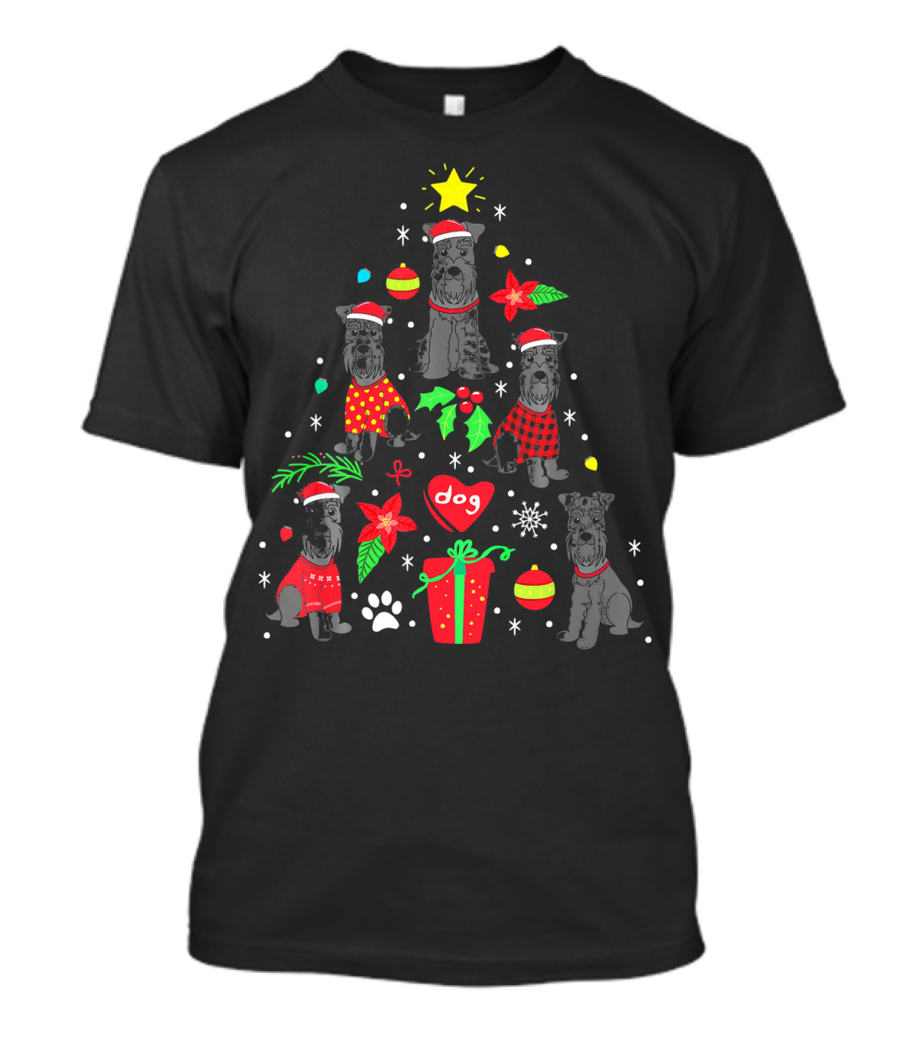 Dog Christmas Tree With Giant Schnauzer Ornaments And Festive Holiday Decorations T-Shirt