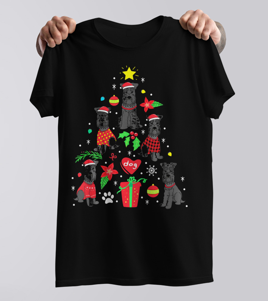 Dog Christmas Tree With Giant Schnauzer Ornaments And Festive Holiday Decorations T-Shirt