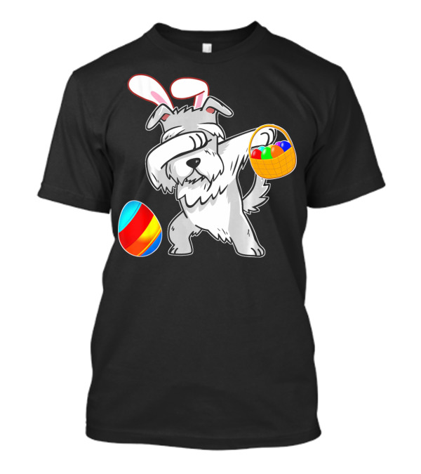Easter Bunny Dabbing Schnauzer Dog With Colorful Eggs Basket T-Shirt