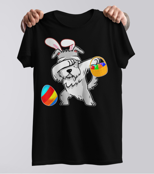 Easter Bunny Dabbing Schnauzer Dog With Colorful Eggs Basket T-Shirt
