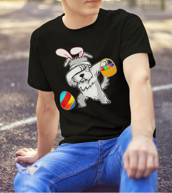 Easter Bunny Dabbing Schnauzer Dog With Colorful Eggs Basket T-Shirt