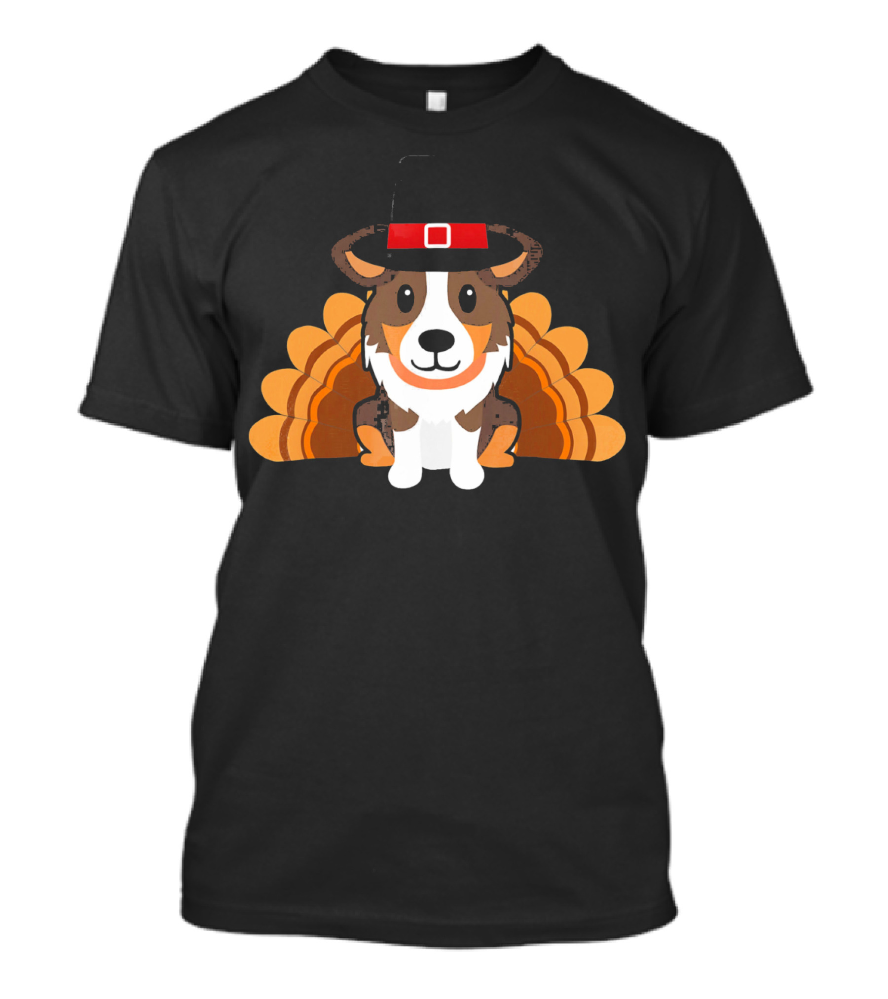 Funny Thanksgiving Sheltie With Pilgrim Hat And Turkey Feathers T-Shirt