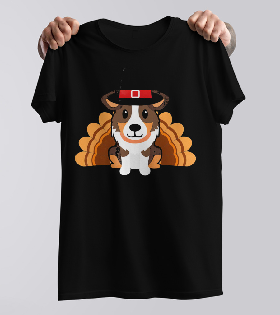 Funny Thanksgiving Sheltie With Pilgrim Hat And Turkey Feathers T-Shirt