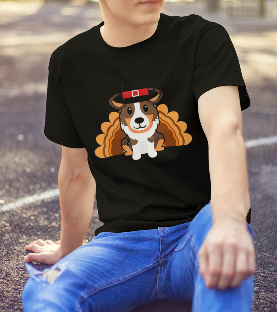 Funny Thanksgiving Sheltie With Pilgrim Hat And Turkey Feathers T-Shirt