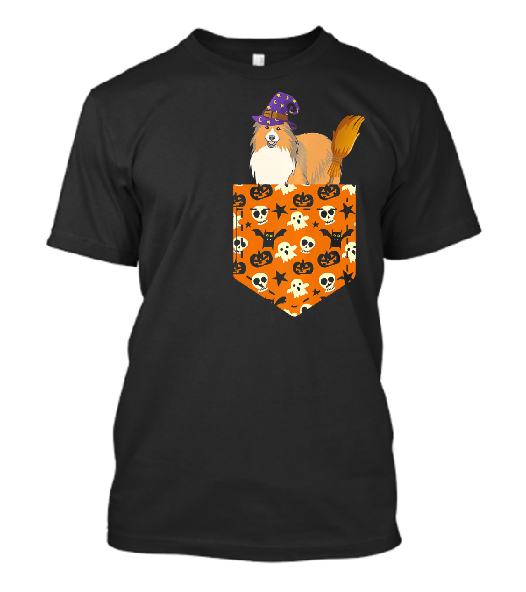 Cute Sheltie Pumpkin Pocket Halloween Cosplay With Witch Hat T-Shirt