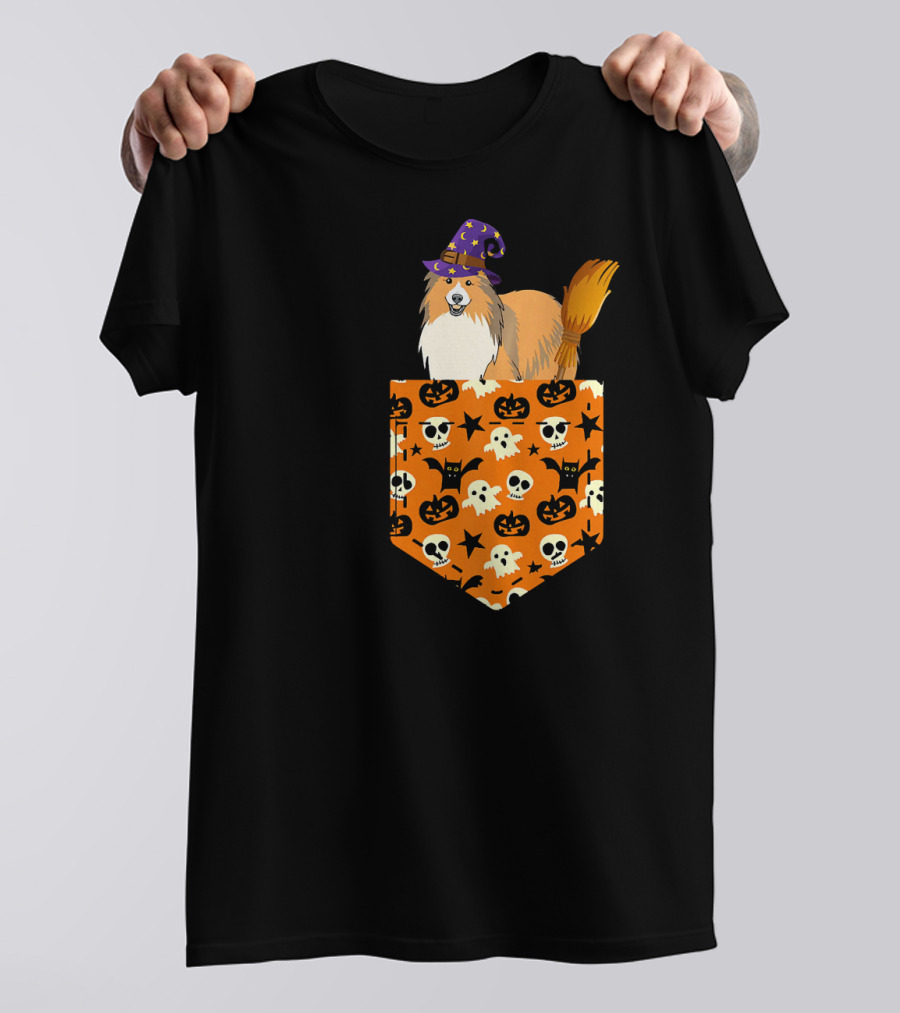 Cute Sheltie Pumpkin Pocket Halloween Cosplay With Witch Hat T-Shirt