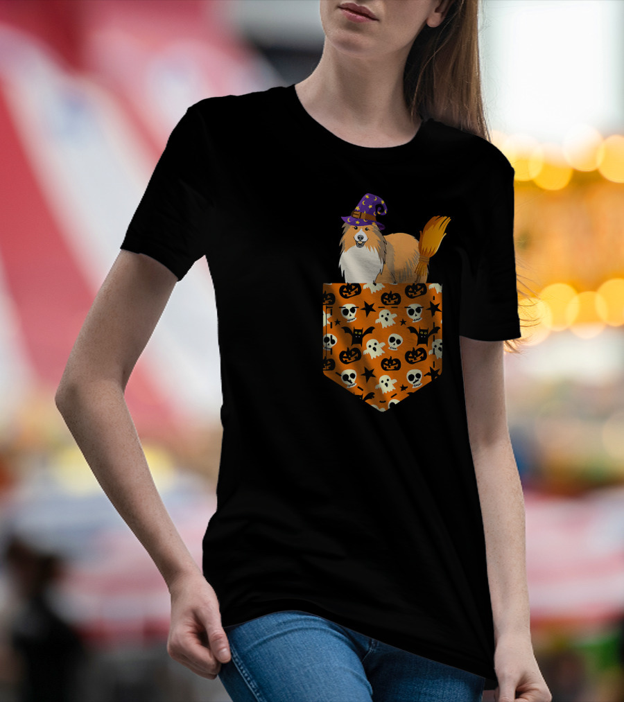 Cute Sheltie Pumpkin Pocket Halloween Cosplay With Witch Hat T-Shirt