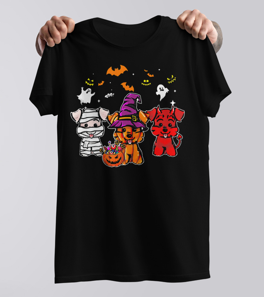 Funny Halloween Three Schnauzers Mummy Witch Devil Ghosts Pumpkins T-Shirt