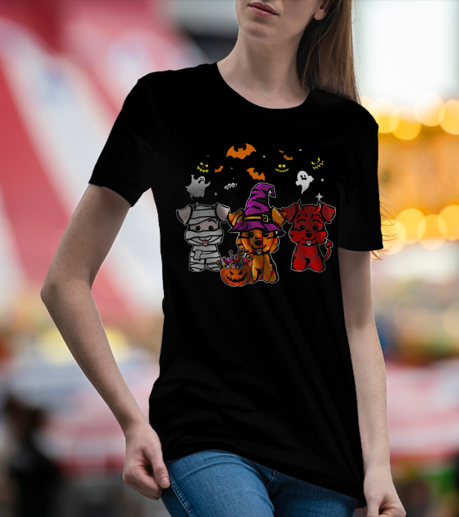 Funny Halloween Three Schnauzers Mummy Witch Devil Ghosts Pumpkins T-Shirt