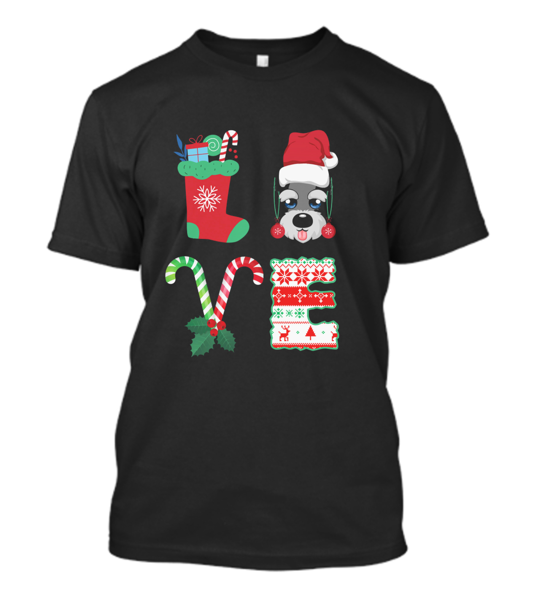 Love My Miniature Schnauzer Christmas Stocking Santa Hat Candy Cane Hollys T-Shirt