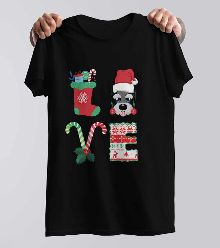 Love My Miniature Schnauzer Christmas Stocking Santa Hat Candy Cane Hollys T-Shirt