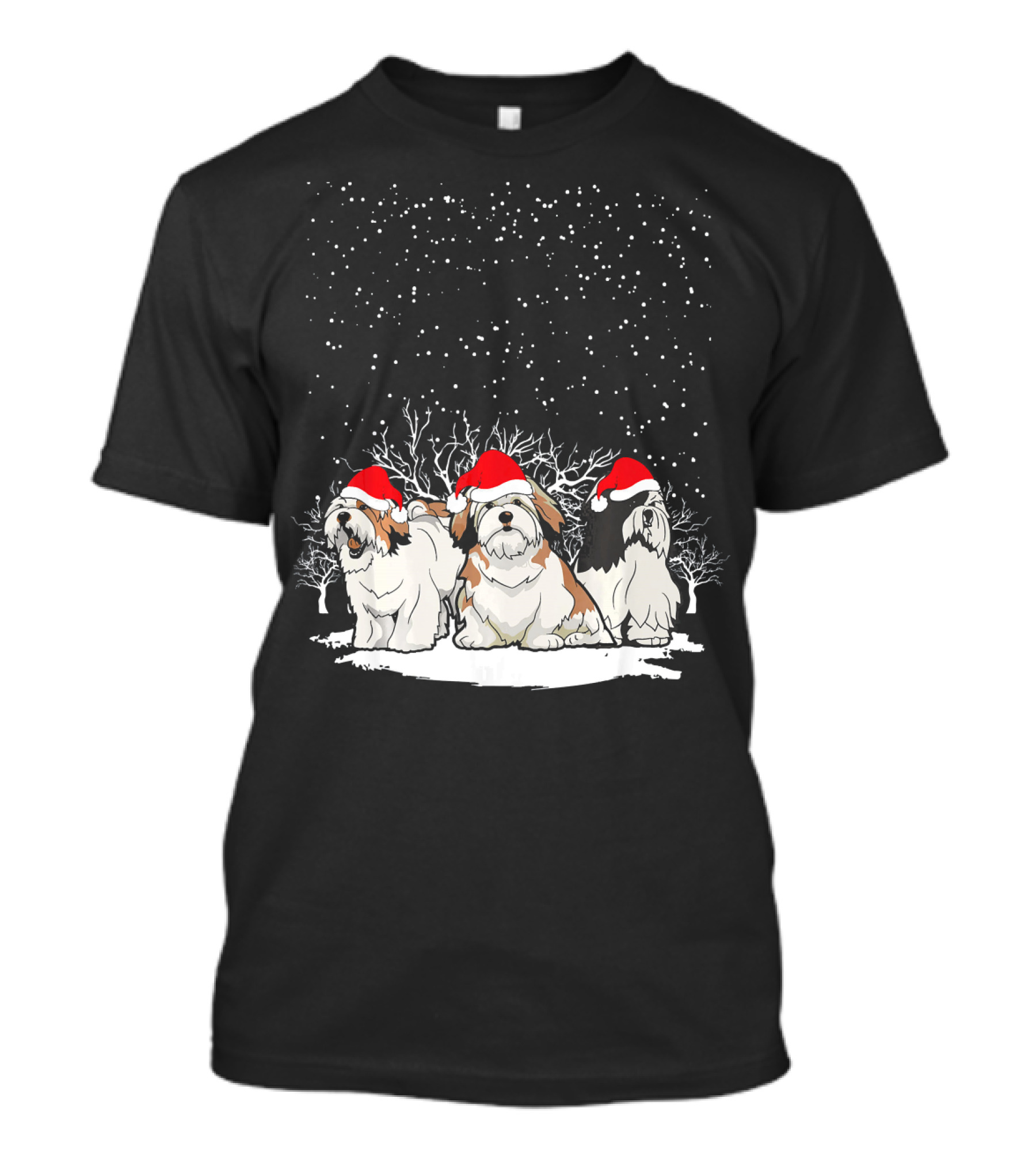 Cute Lhasa Apso Christmas Snow Dog Trio With Santa Hats T-Shirt